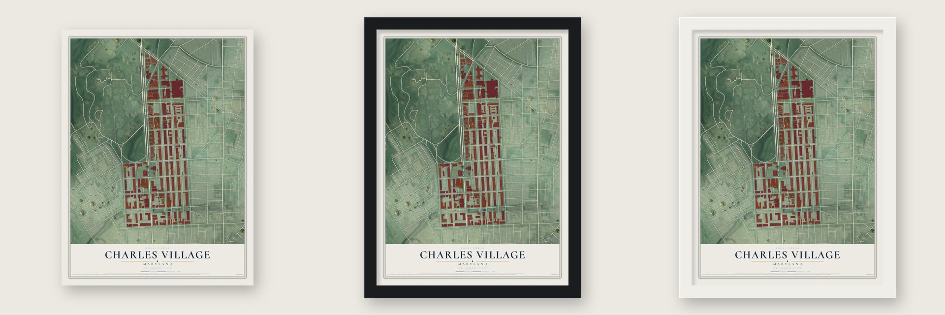 Charles Village, Maryland map unframed, in a black wood frame and in a white wood frame