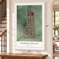 Charles Village, Maryland map, 24 x 36 inch print in a white frame by a staircase