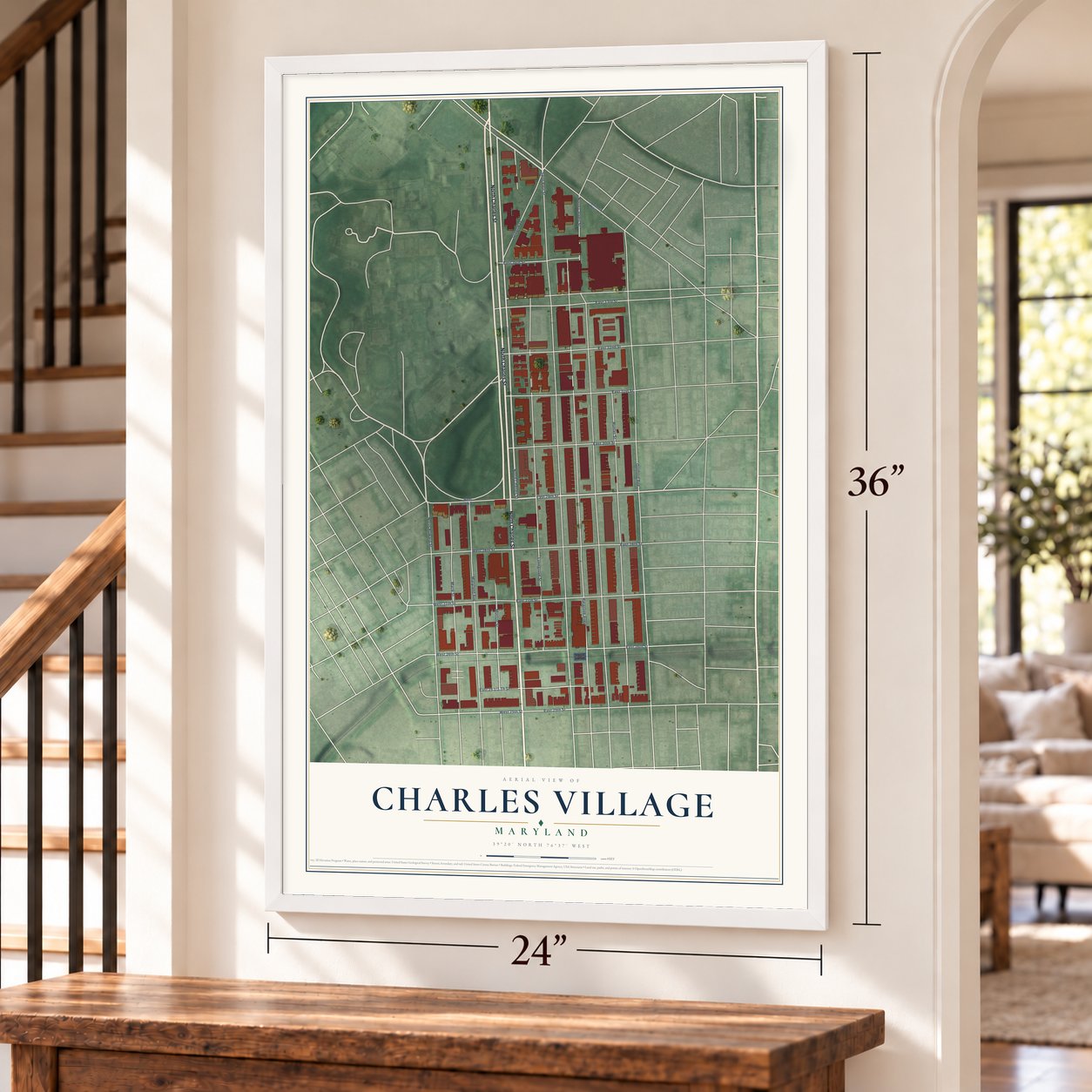 Charles Village, Maryland map, 24 x 36 inch print in a white frame by a staircase