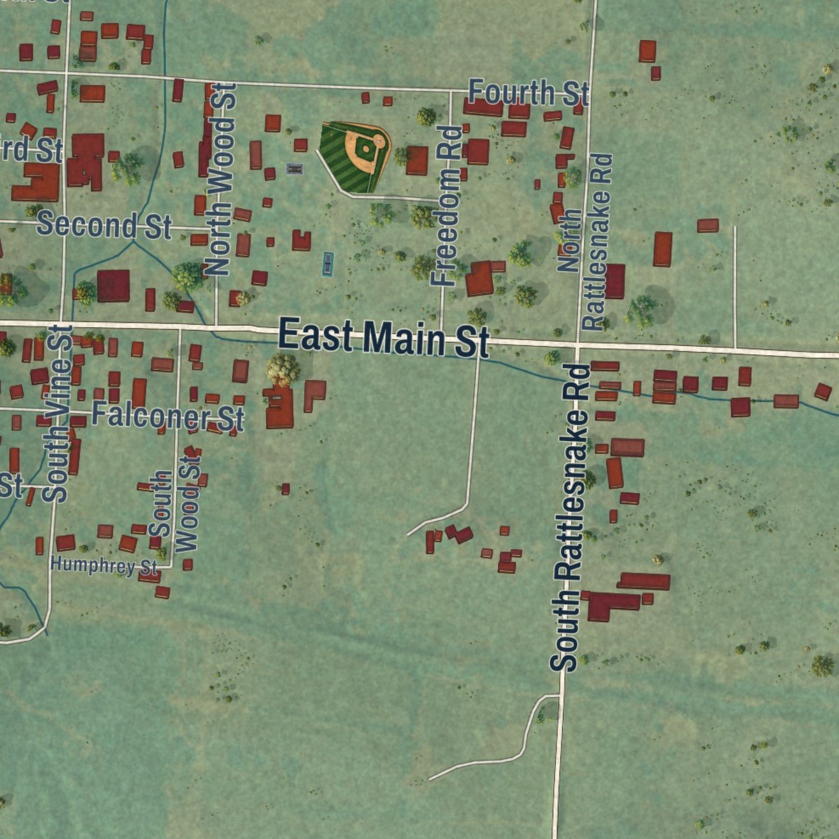 Second close-up of the map of Charleston, Arkansas print showing more streets and buildings