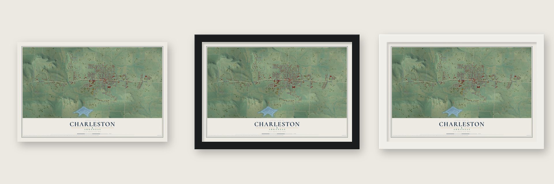 Charleston, Arkansas map unframed, in a black wood frame and in a white wood frame