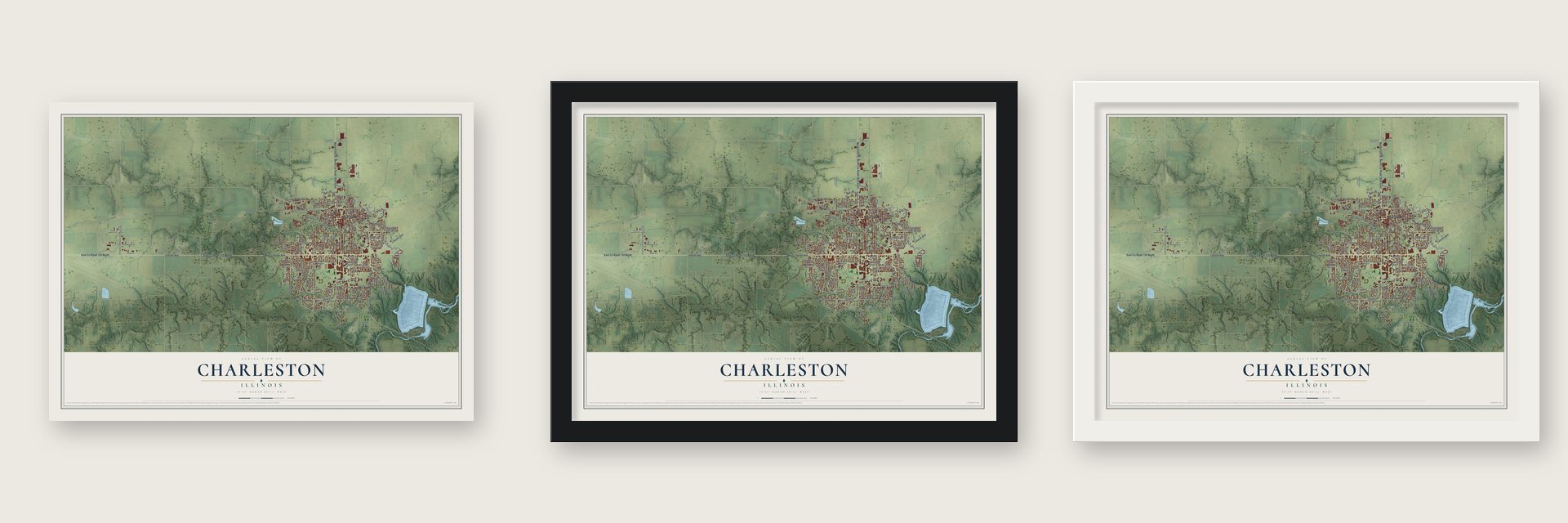 Charleston, Illinois map unframed, in a black wood frame and in a white wood frame