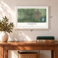 Charleston, Illinois map, 12 x 18 inch print in a white frame in an entryway