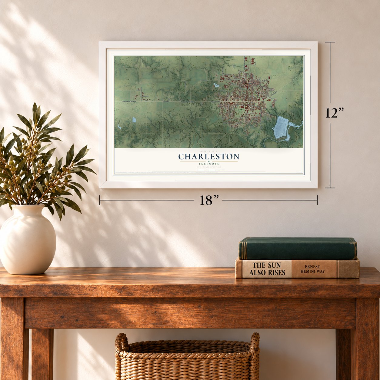 Charleston, Illinois map, 12 x 18 inch print in a white frame in an entryway