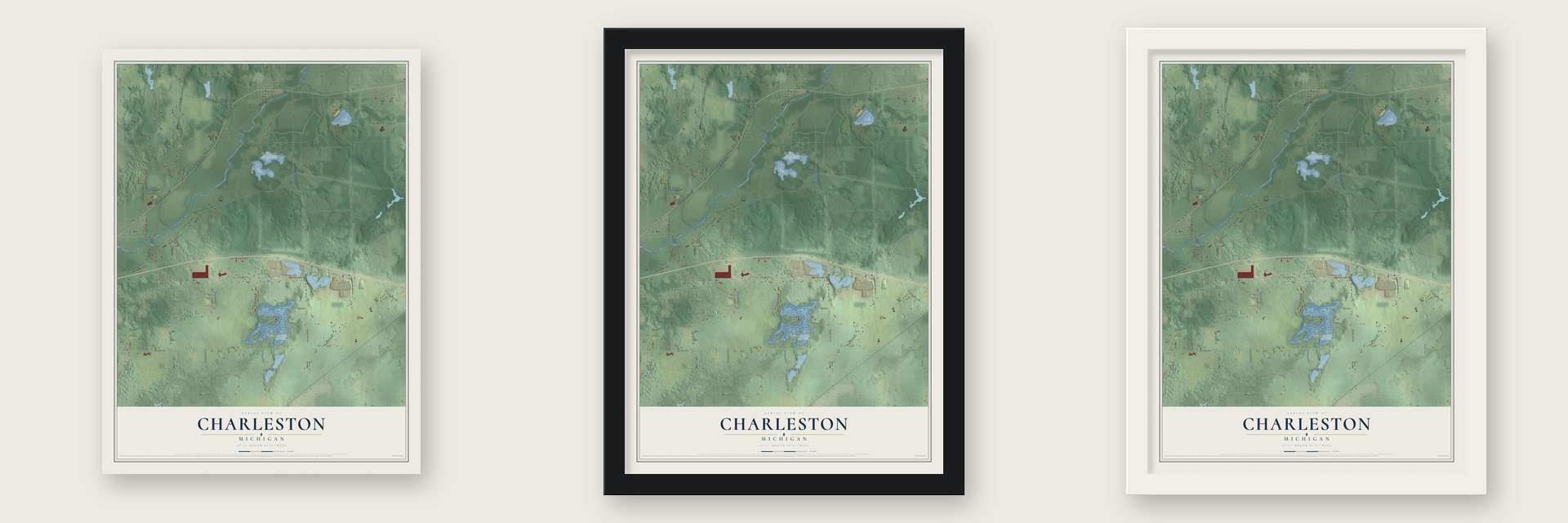 Charleston, Michigan map unframed, in a black wood frame and in a white wood frame