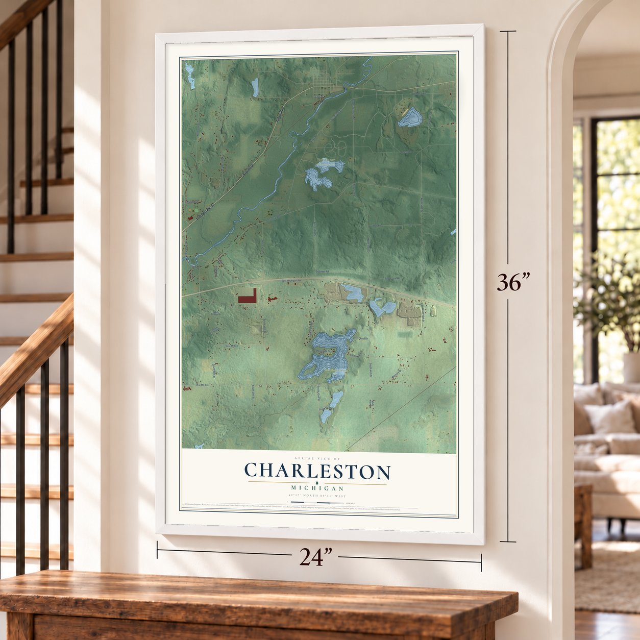 Charleston, Michigan map, 24 x 36 inch print in a white frame by a staircase