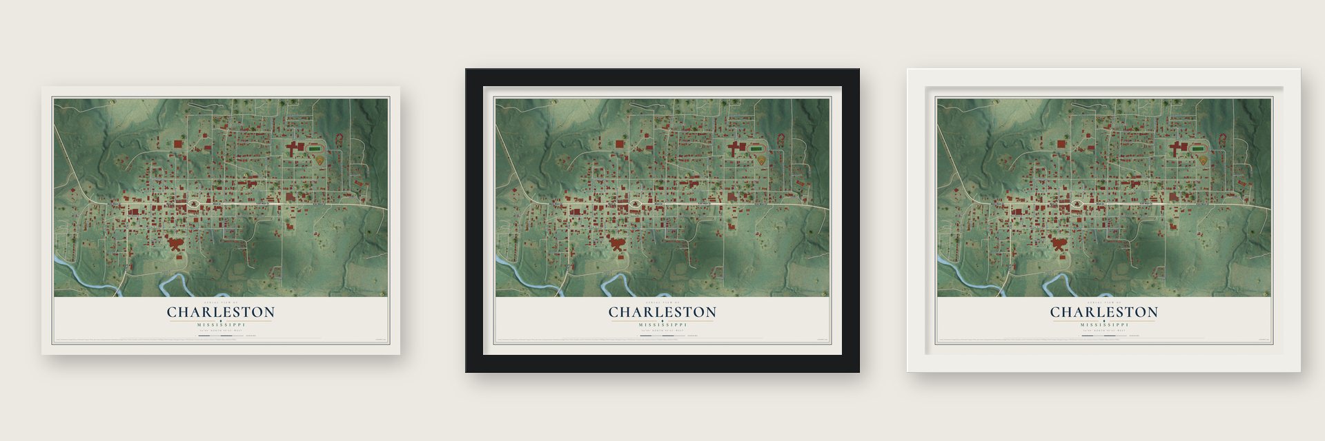 Charleston, Mississippi map unframed, in a black wood frame and in a white wood frame