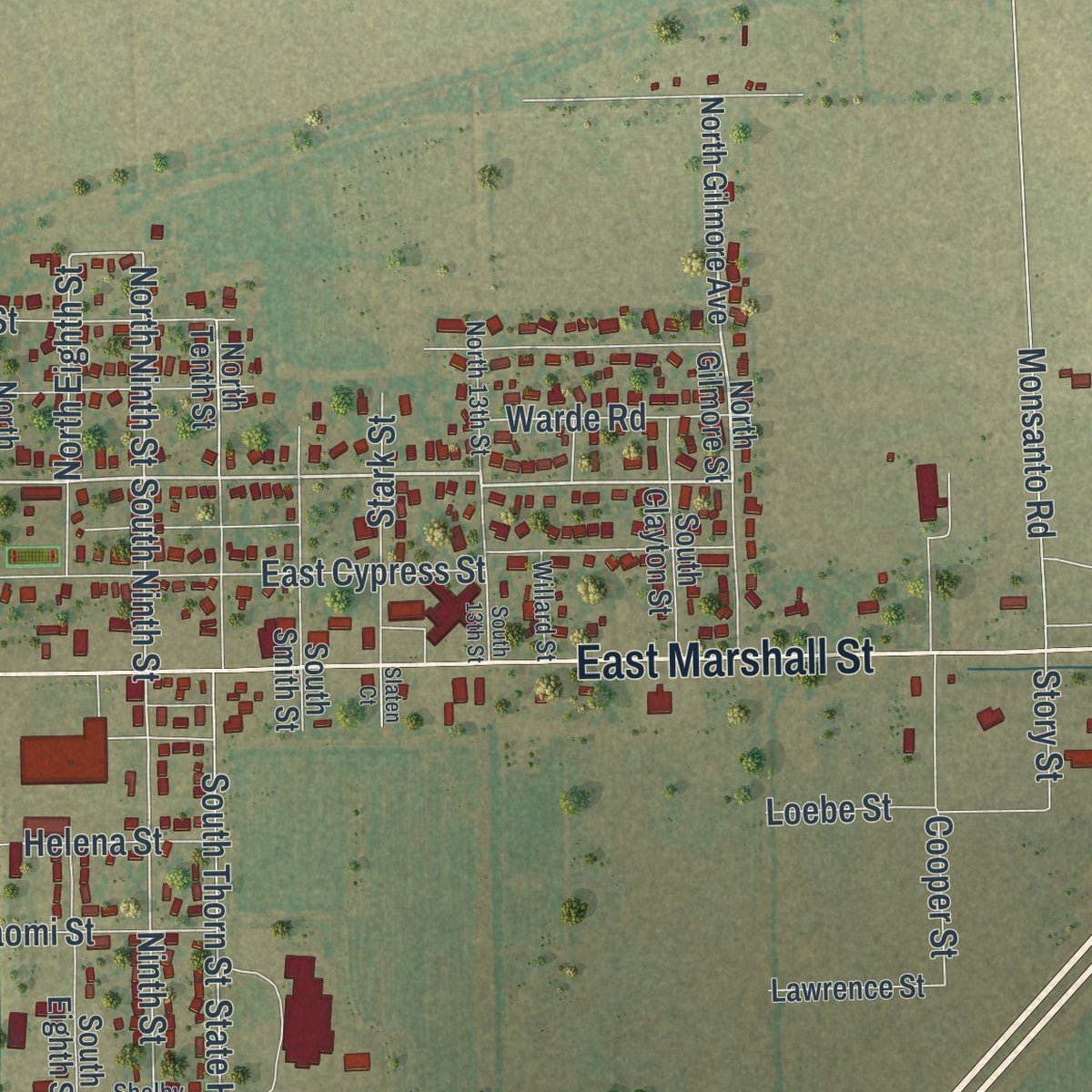 Second close-up of the map of Charleston, Missouri print showing more streets and buildings
