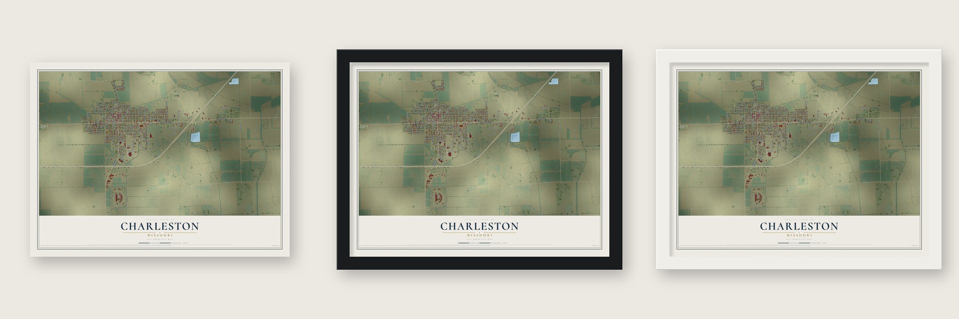 Charleston, Missouri map unframed, in a black wood frame and in a white wood frame