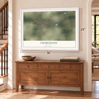 Charleston, Missouri map, 24 x 36 inch print in a white frame above a dresser by a staircase