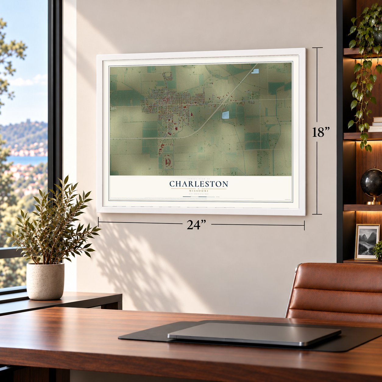 Charleston, Missouri map, 18 x 24 inch print in a white frame in a home office