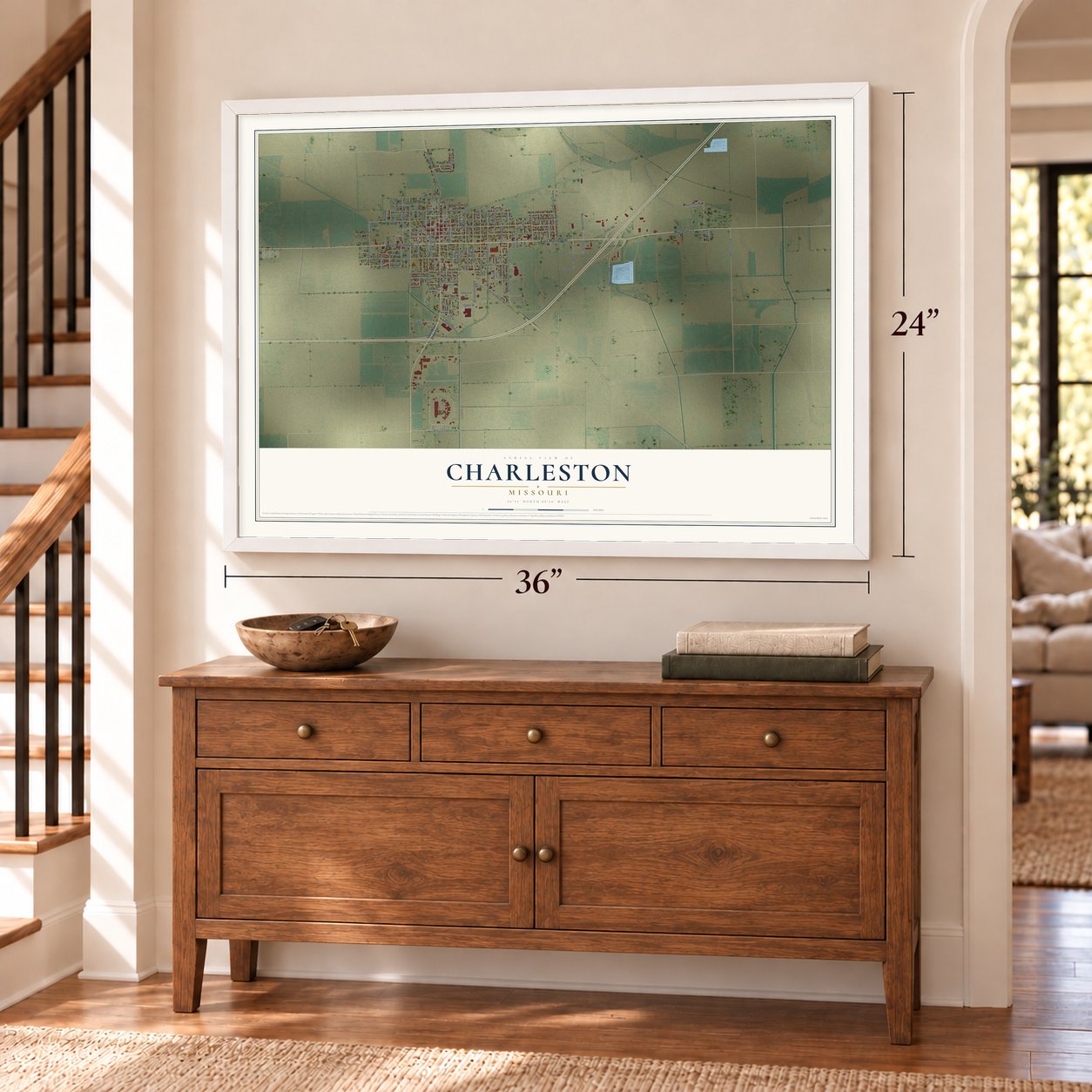 Charleston, Missouri map, 24 x 36 inch print in a white frame above a dresser by a staircase
