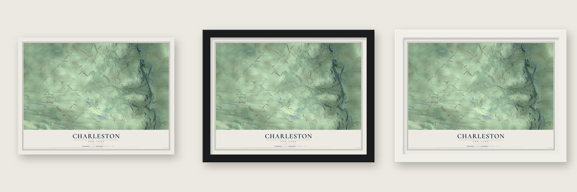 Charleston, New York map unframed, in a black wood frame and in a white wood frame