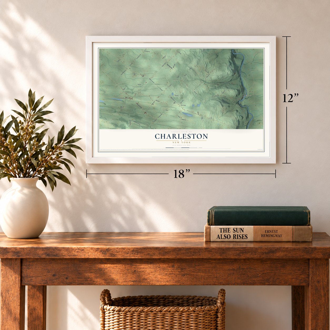 Charleston, New York map, 12 x 18 inch print in a white frame in an entryway