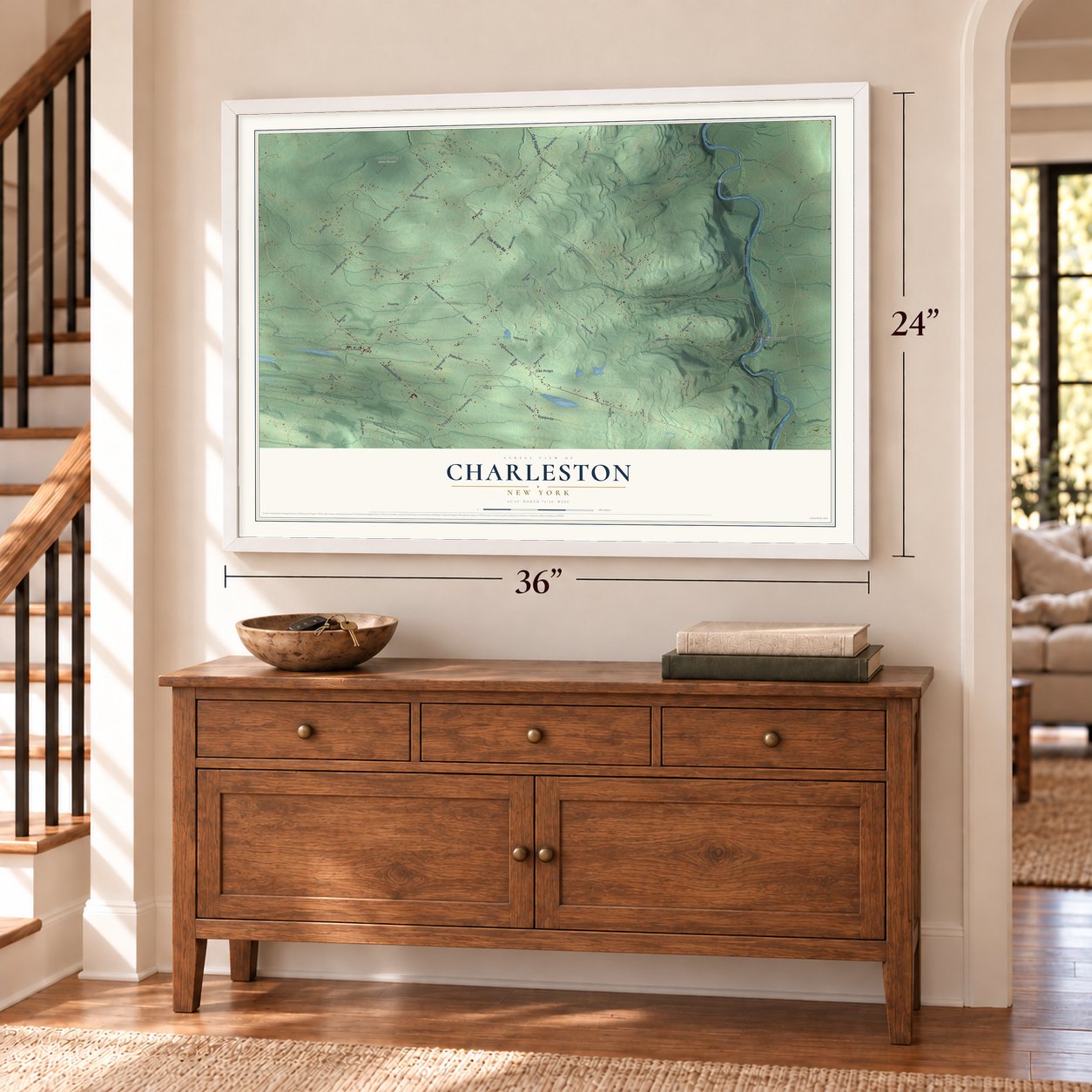 Charleston, New York map, 24 x 36 inch print in a white frame above a dresser by a staircase