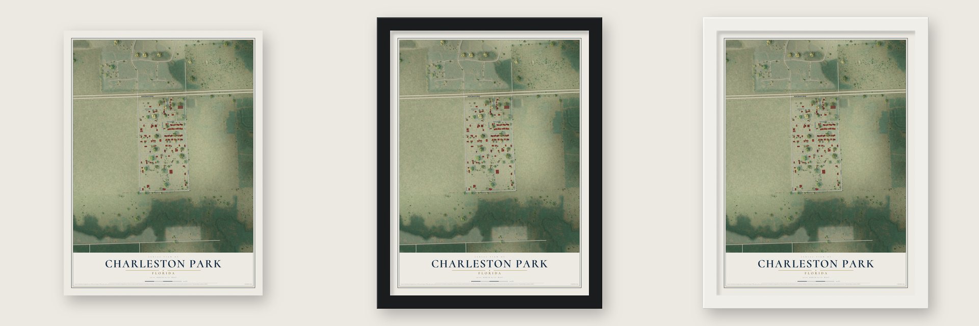 Charleston Park, Florida map unframed, in a black wood frame and in a white wood frame