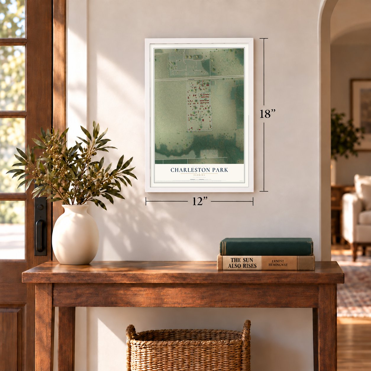 Charleston Park, Florida map, 12 x 18 inch print in a white frame in an entryway