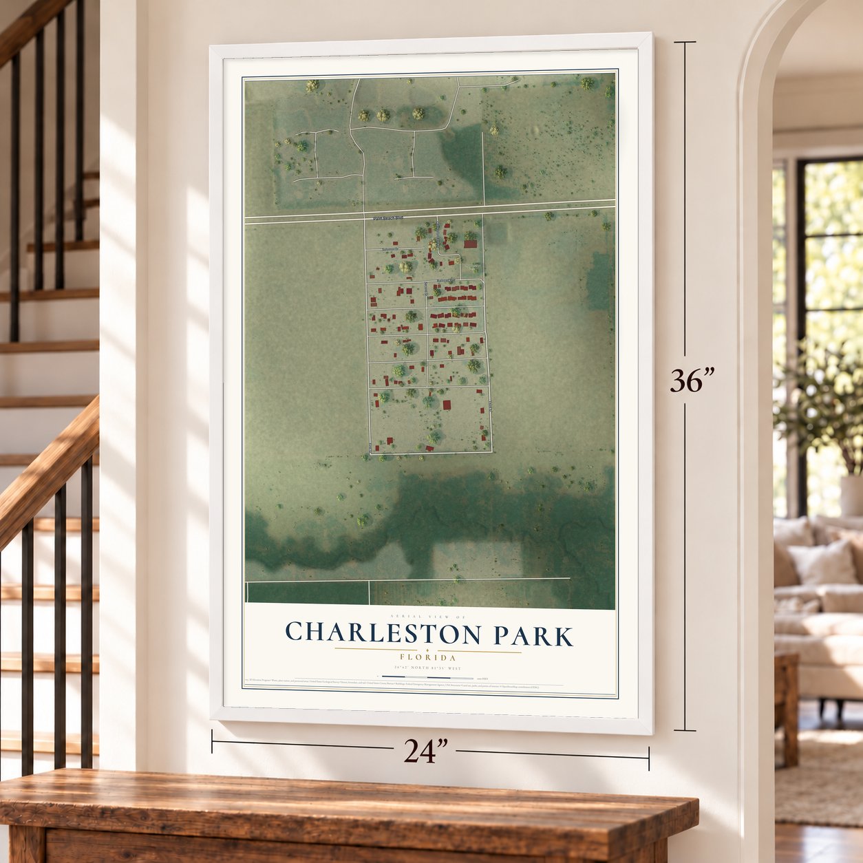 Charleston Park, Florida map, 24 x 36 inch print in a white frame by a staircase