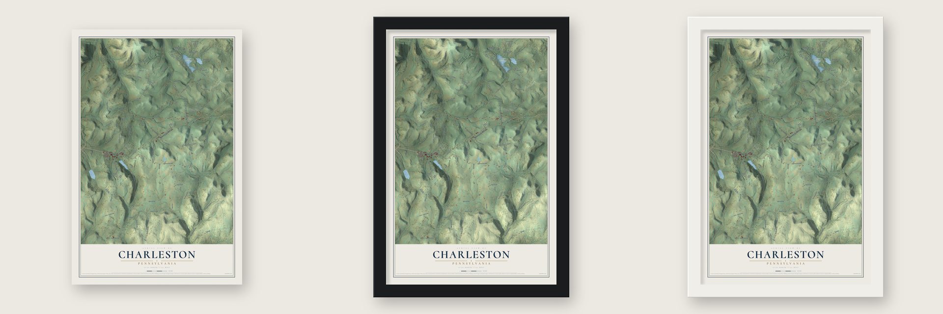 Charleston, Pennsylvania map unframed, in a black wood frame and in a white wood frame