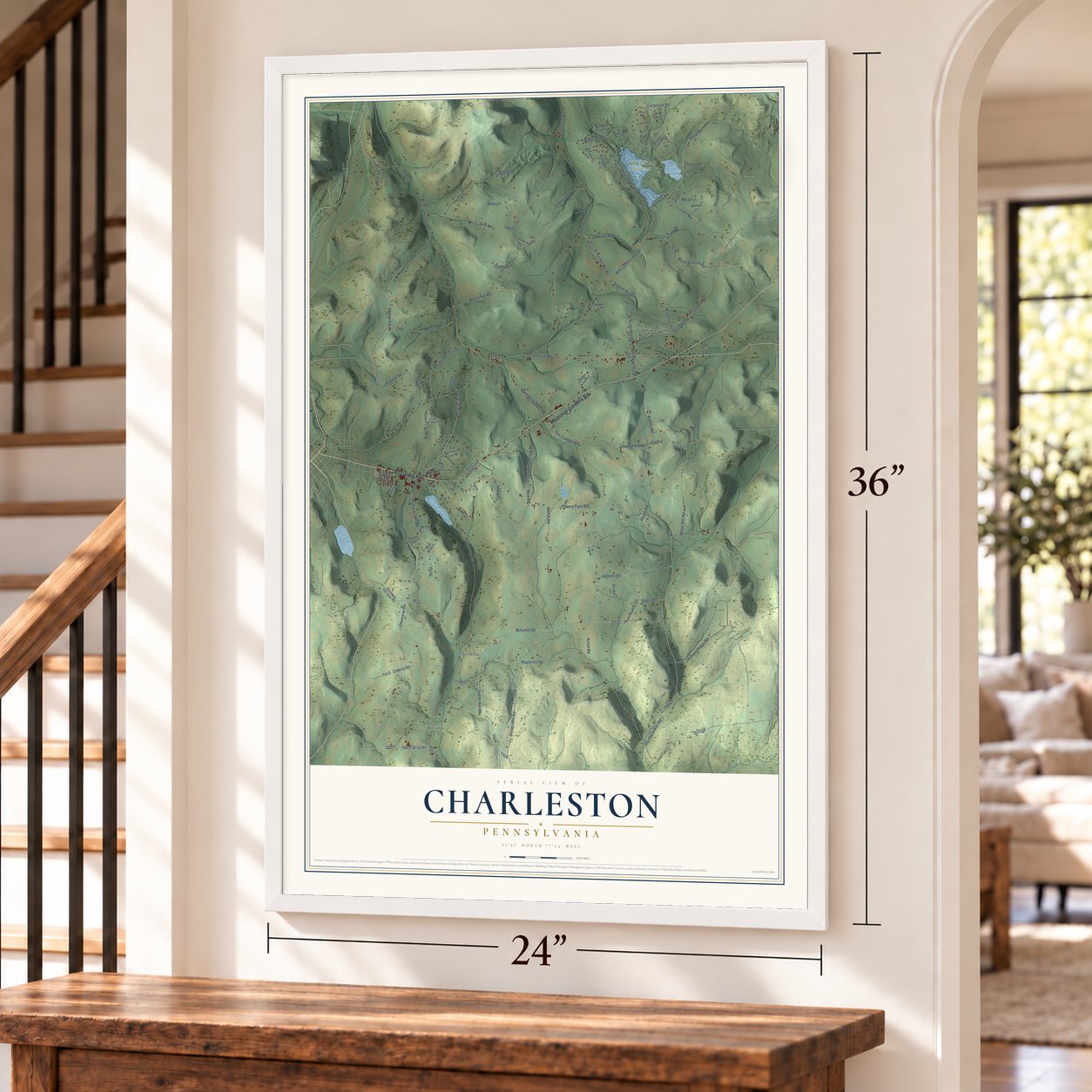 Charleston, Pennsylvania map, 24 x 36 inch print in a white frame by a staircase