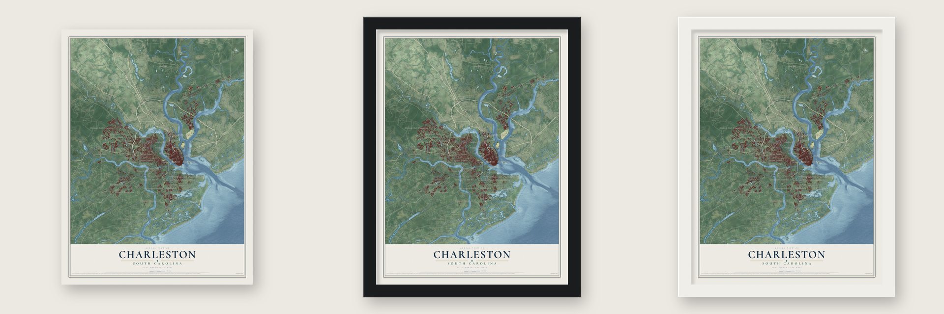 Charleston, South Carolina map unframed, in a black wood frame and in a white wood frame