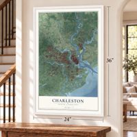 Charleston, South Carolina map, 24 x 36 inch print in a white frame by a staircase