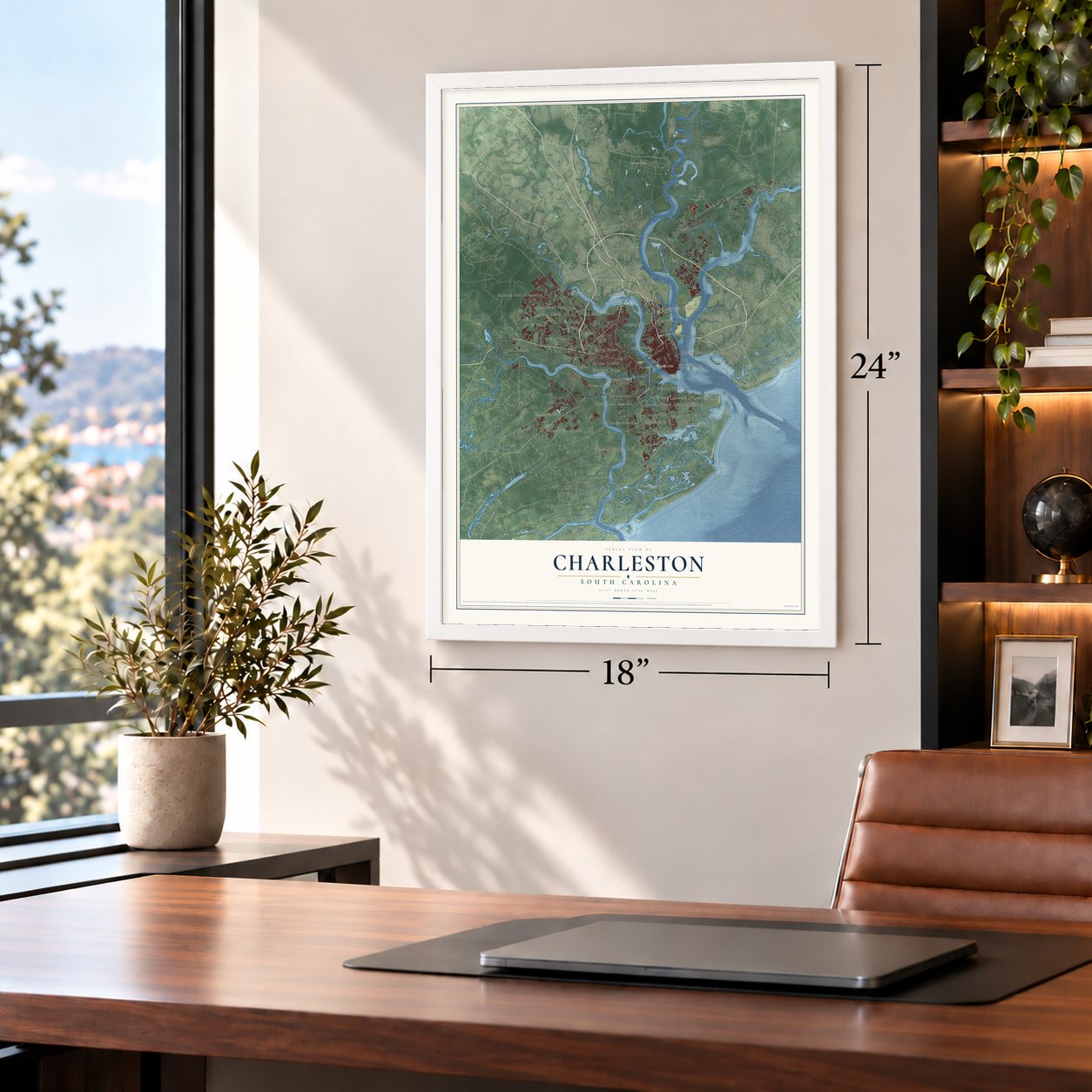 Charleston, South Carolina map, 18 x 24 inch print in a white frame in a home office