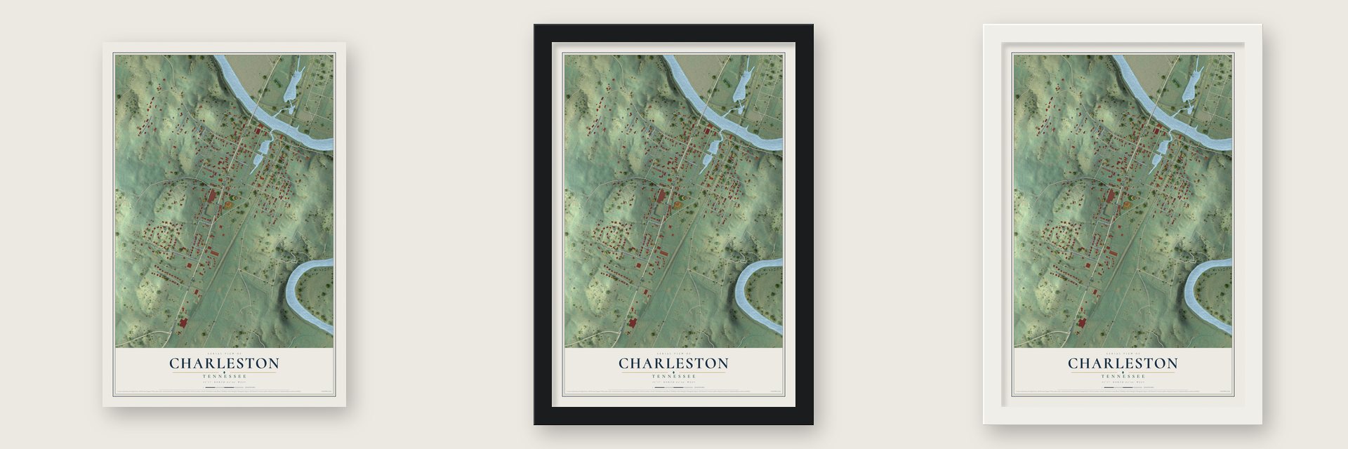 Charleston, Tennessee map unframed, in a black wood frame and in a white wood frame