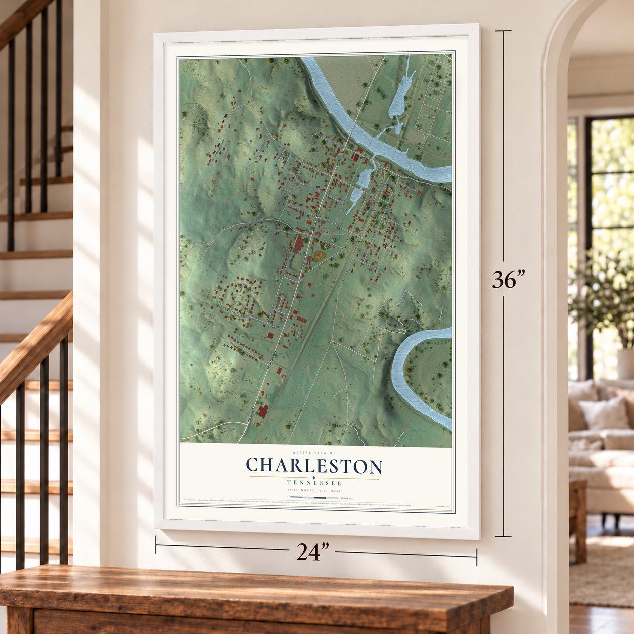 Charleston, Tennessee map, 24 x 36 inch print in a white frame by a staircase