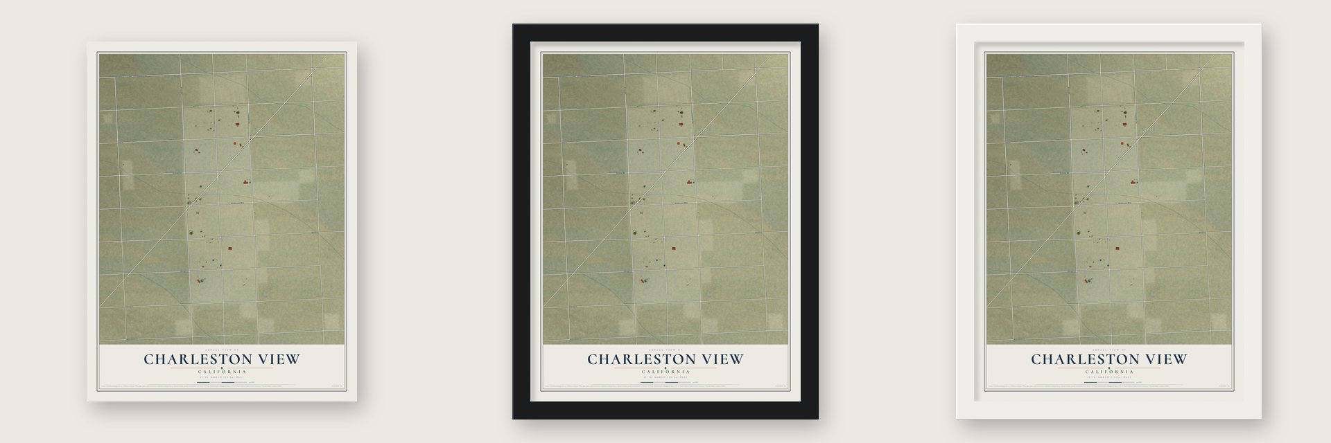 Charleston View, California map unframed, in a black wood frame and in a white wood frame