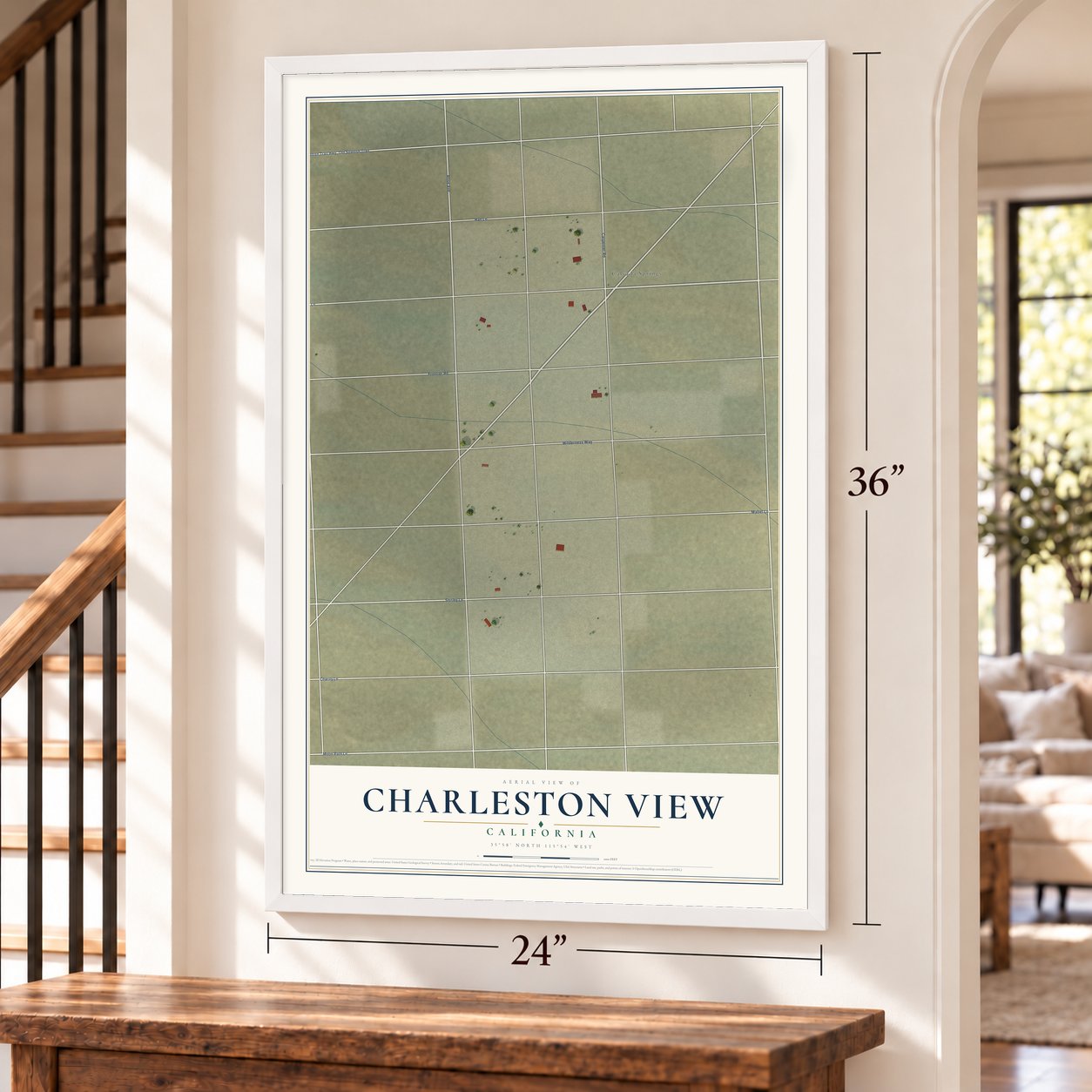 Charleston View, California map, 24 x 36 inch print in a white frame by a staircase