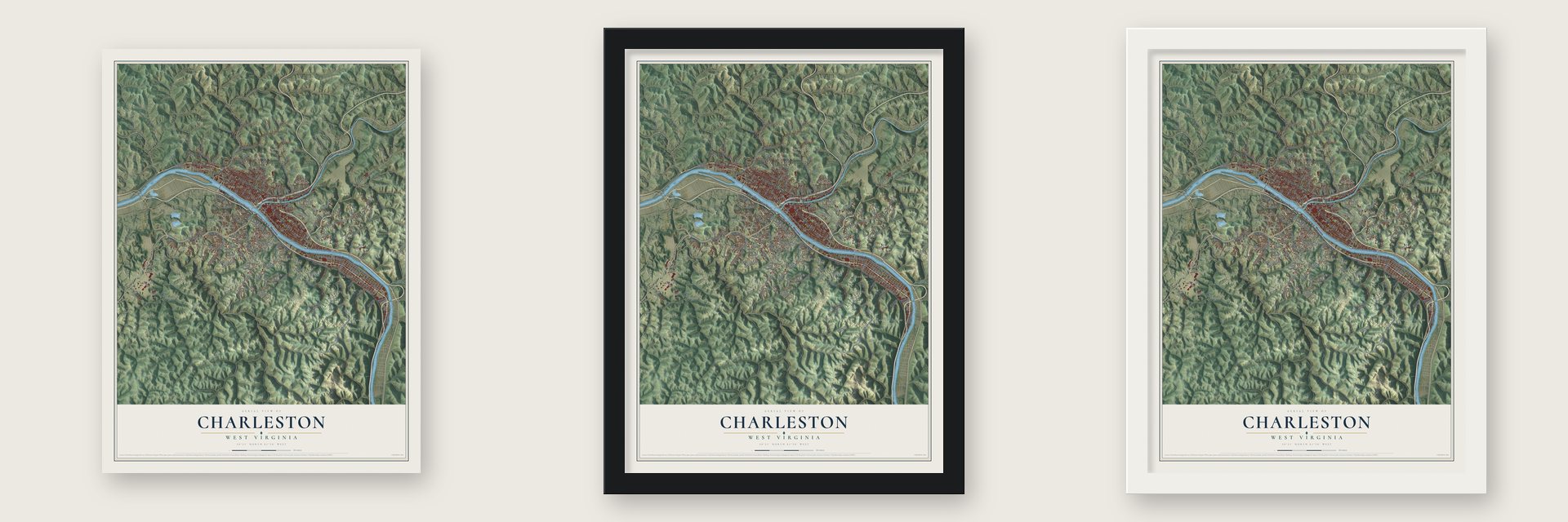 Charleston, West Virginia map unframed, in a black wood frame and in a white wood frame