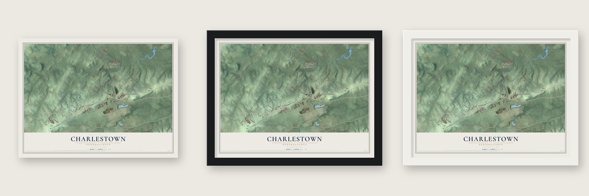 Charlestown, Pennsylvania map unframed, in a black wood frame and in a white wood frame