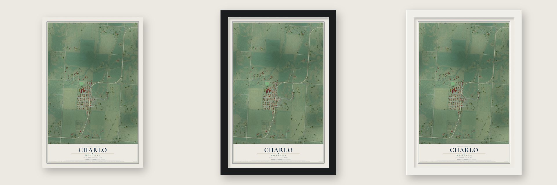 Charlo, Montana map unframed, in a black wood frame and in a white wood frame