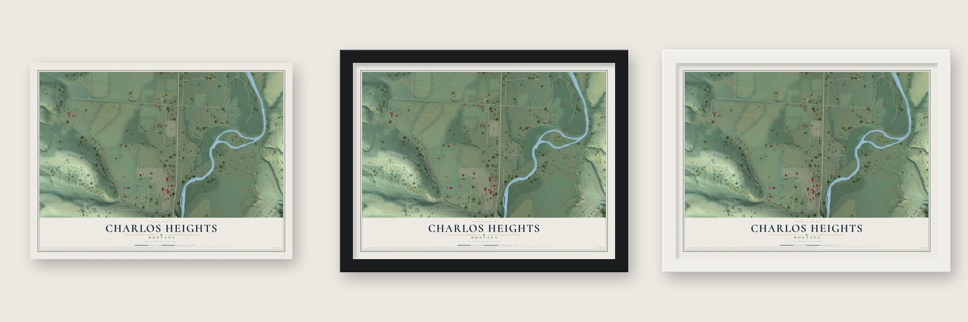 Charlos Heights, Montana map unframed, in a black wood frame and in a white wood frame