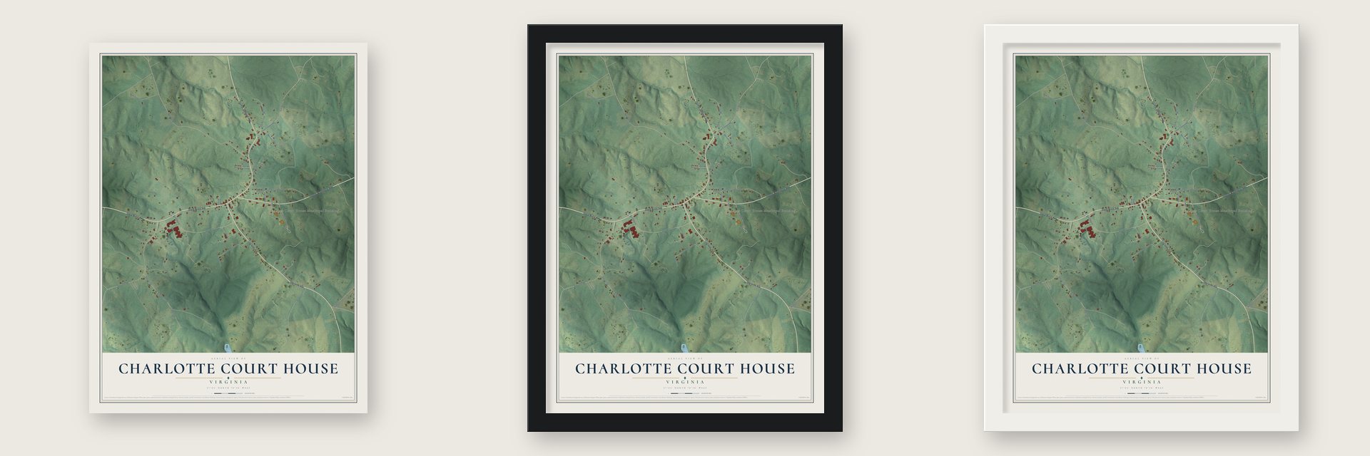 Charlotte Court House, Virginia map unframed, in a black wood frame and in a white wood frame