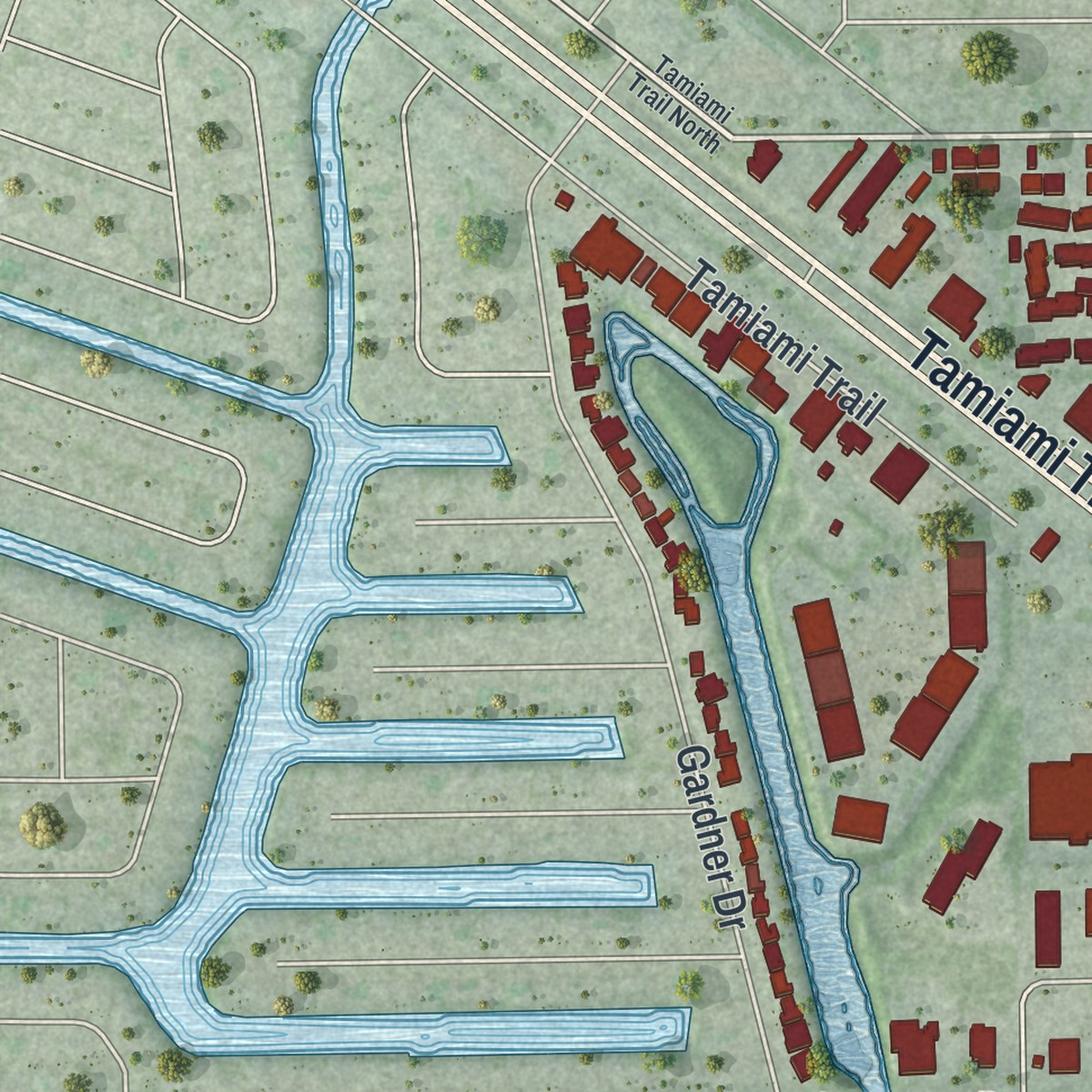 Second close-up of the map of Charlotte Harbor, Florida print showing more streets and buildings
