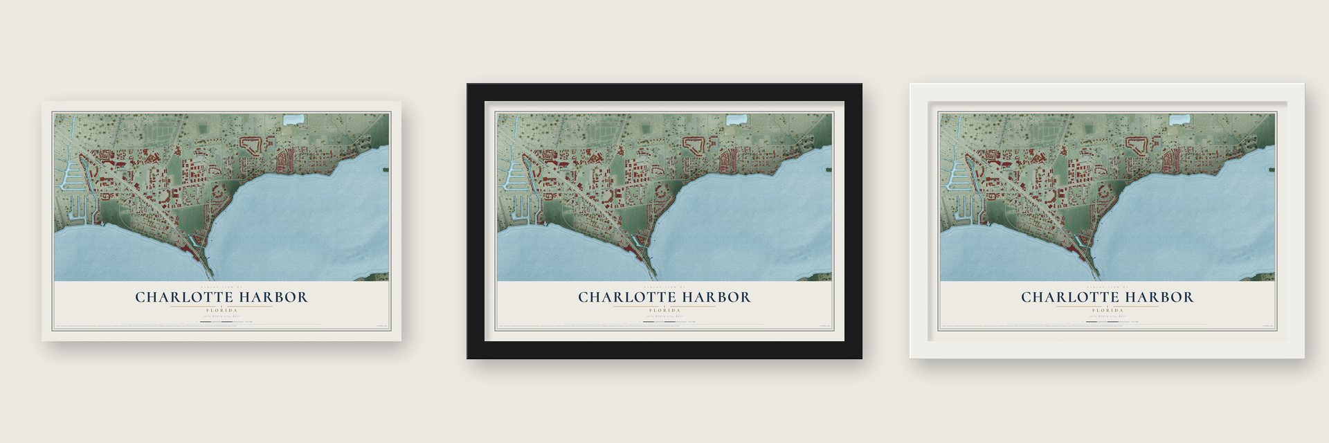Charlotte Harbor, Florida map unframed, in a black wood frame and in a white wood frame