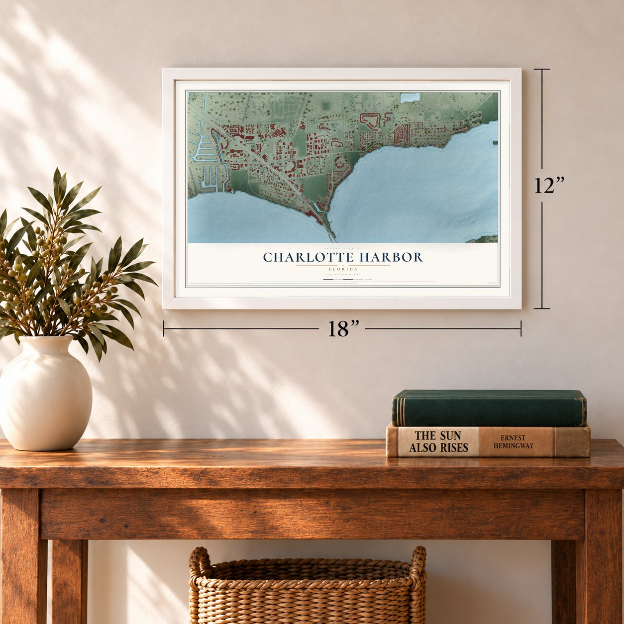 Charlotte Harbor, Florida map, 12 x 18 inch print in a white frame in an entryway