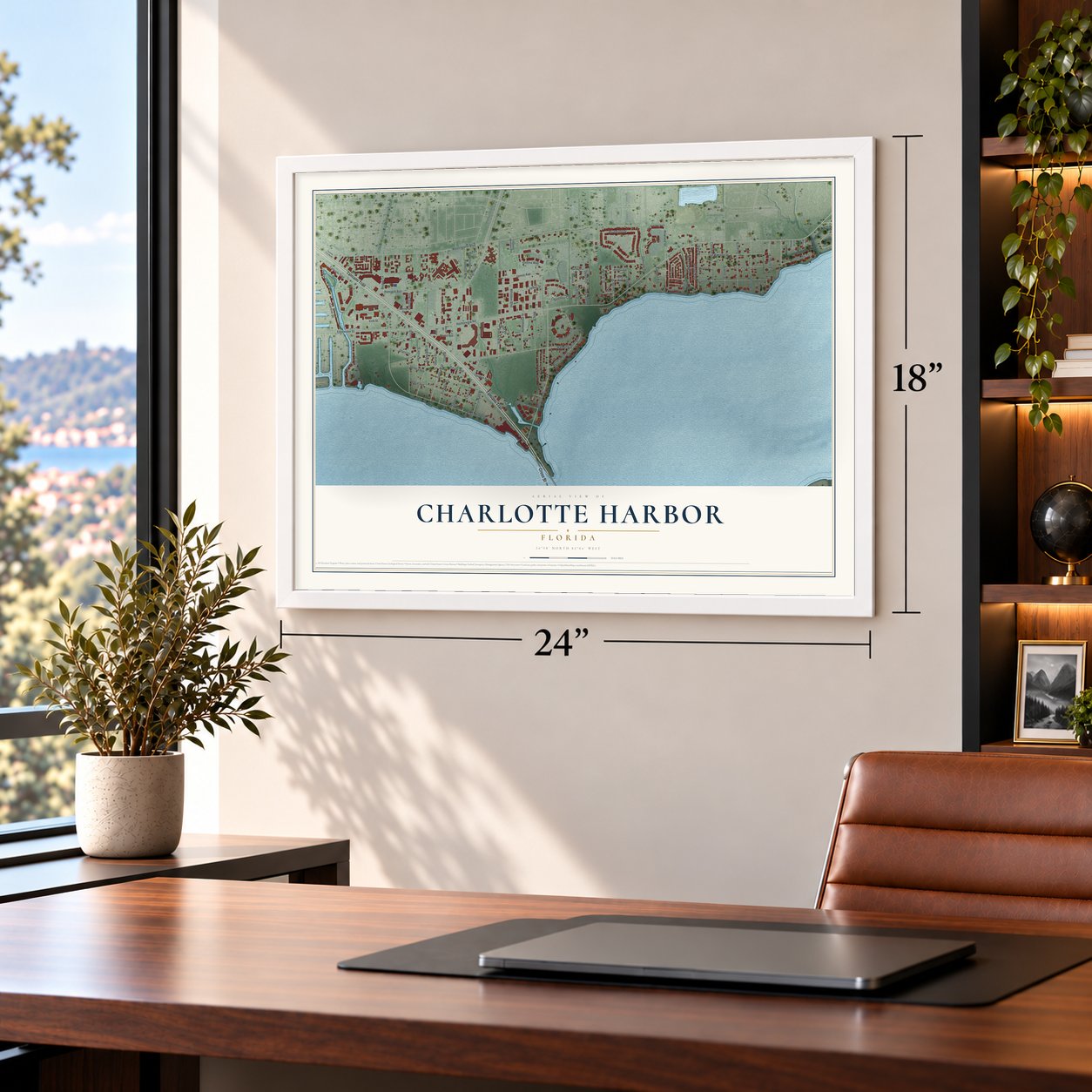 Charlotte Harbor, Florida map, 18 x 24 inch print in a white frame in a home office