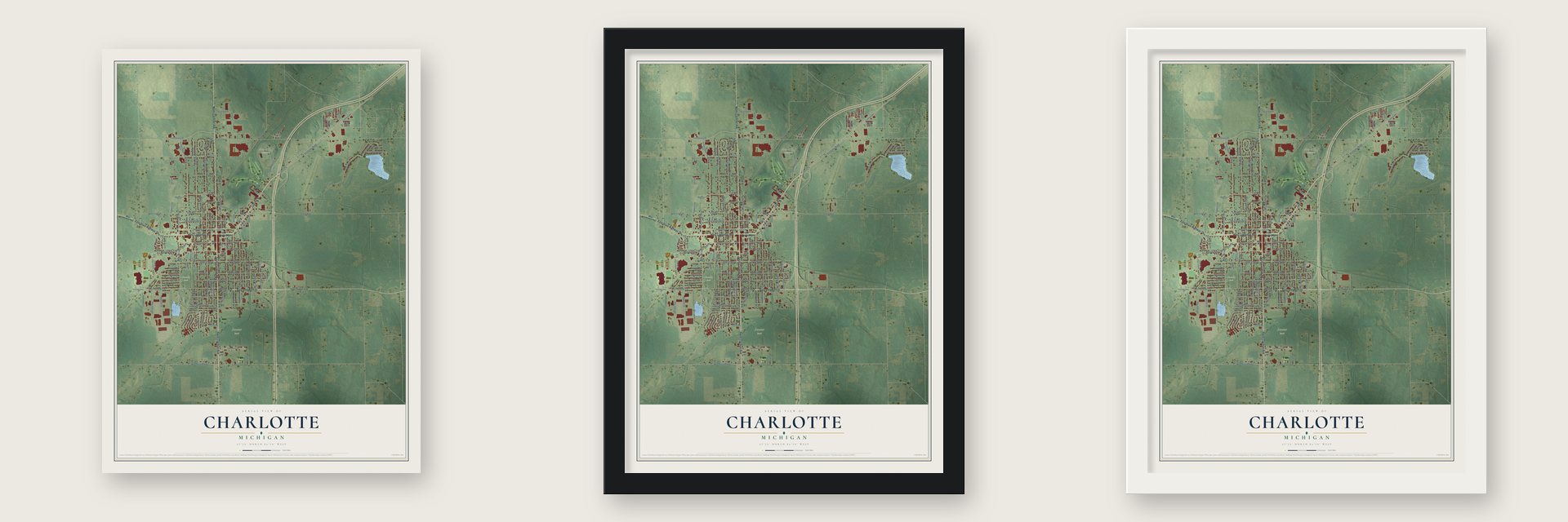 Charlotte, Michigan map unframed, in a black wood frame and in a white wood frame