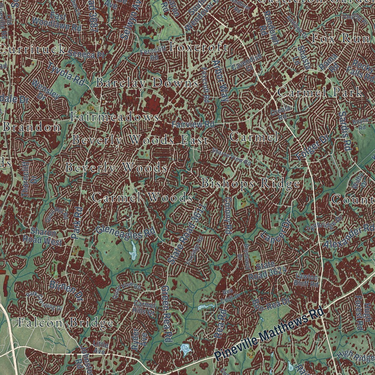 Second close-up of the map of Charlotte, North Carolina print showing more streets and buildings