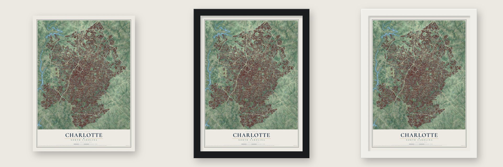 Charlotte, North Carolina map unframed, in a black wood frame and in a white wood frame