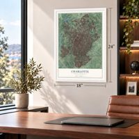Charlotte, North Carolina map, 18 x 24 inch print in a white frame in a home office