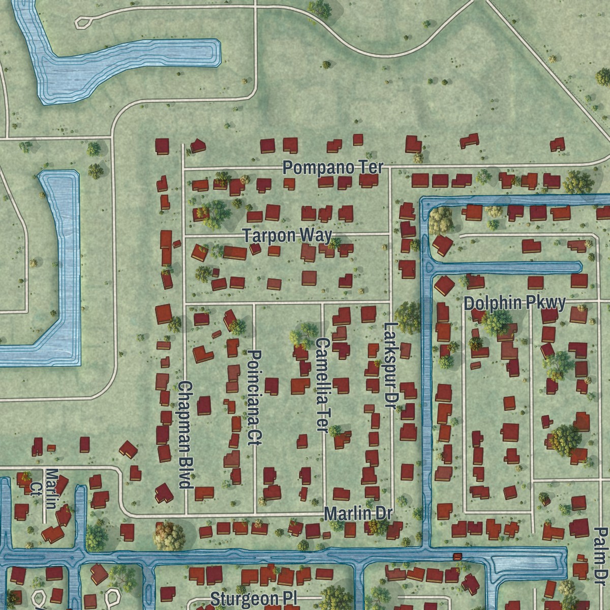 Second close-up of the map of Charlotte Park, Florida print showing more streets and buildings