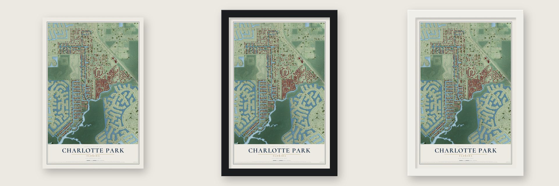 Charlotte Park, Florida map unframed, in a black wood frame and in a white wood frame