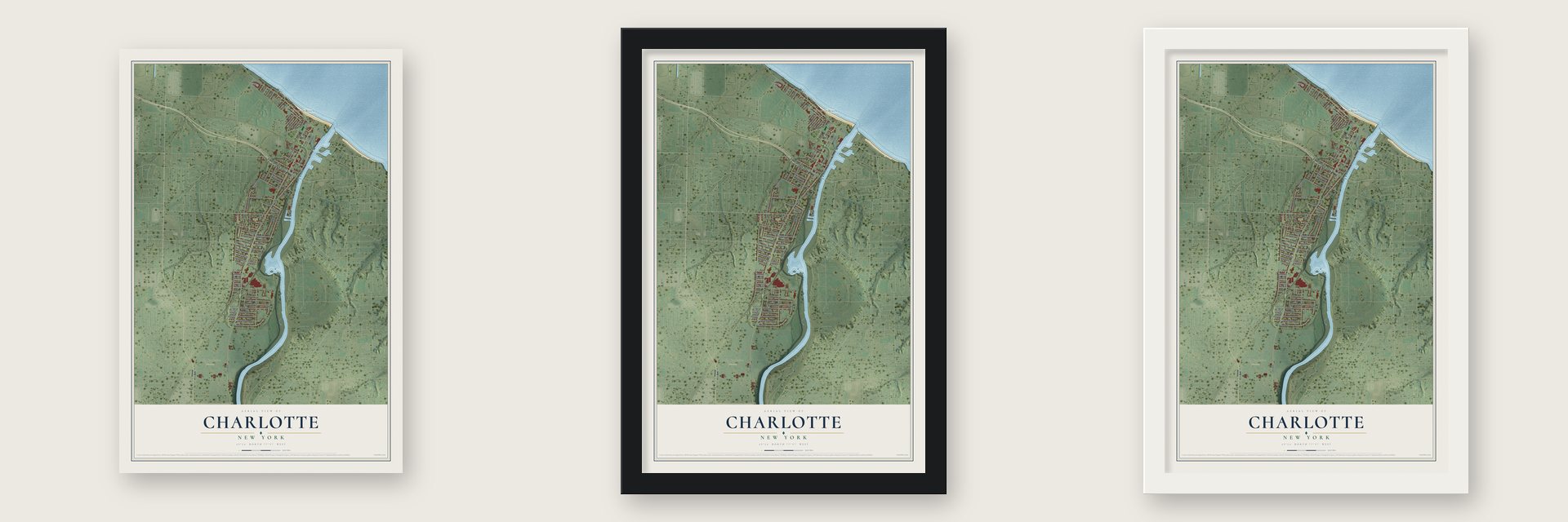 Charlotte, Rochester, New York map unframed, in a black wood frame and in a white wood frame