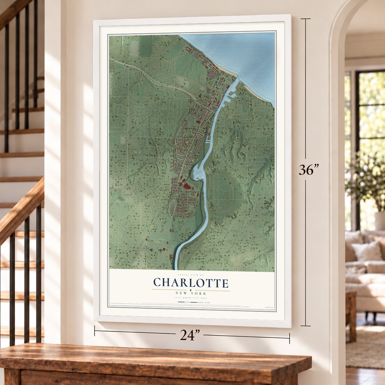 Charlotte, Rochester, New York map, 24 x 36 inch print in a white frame by a staircase