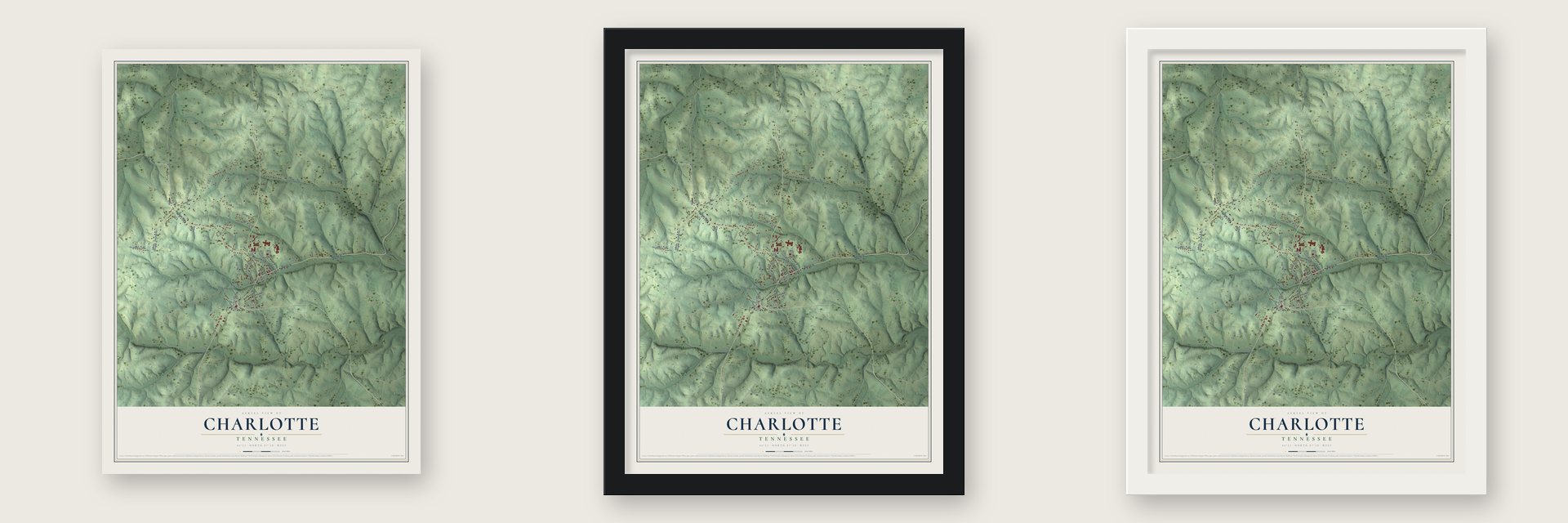 Charlotte, Tennessee map unframed, in a black wood frame and in a white wood frame