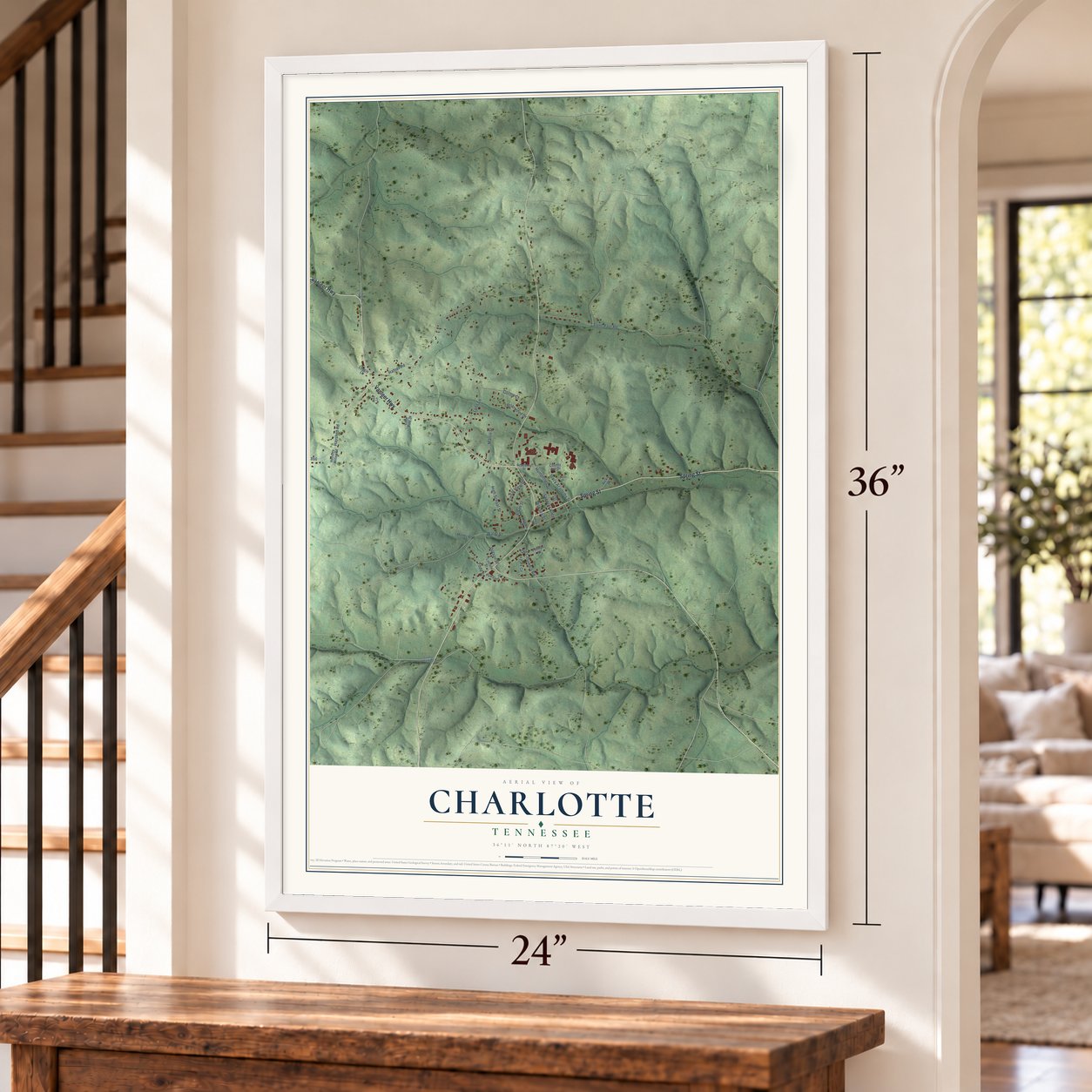 Charlotte, Tennessee map, 24 x 36 inch print in a white frame by a staircase